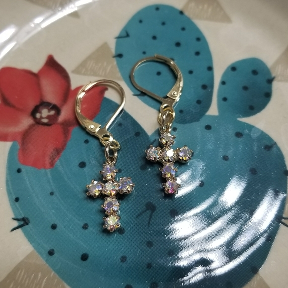 Tiny Iridescent Cross Earrings - Picture 5 of 5